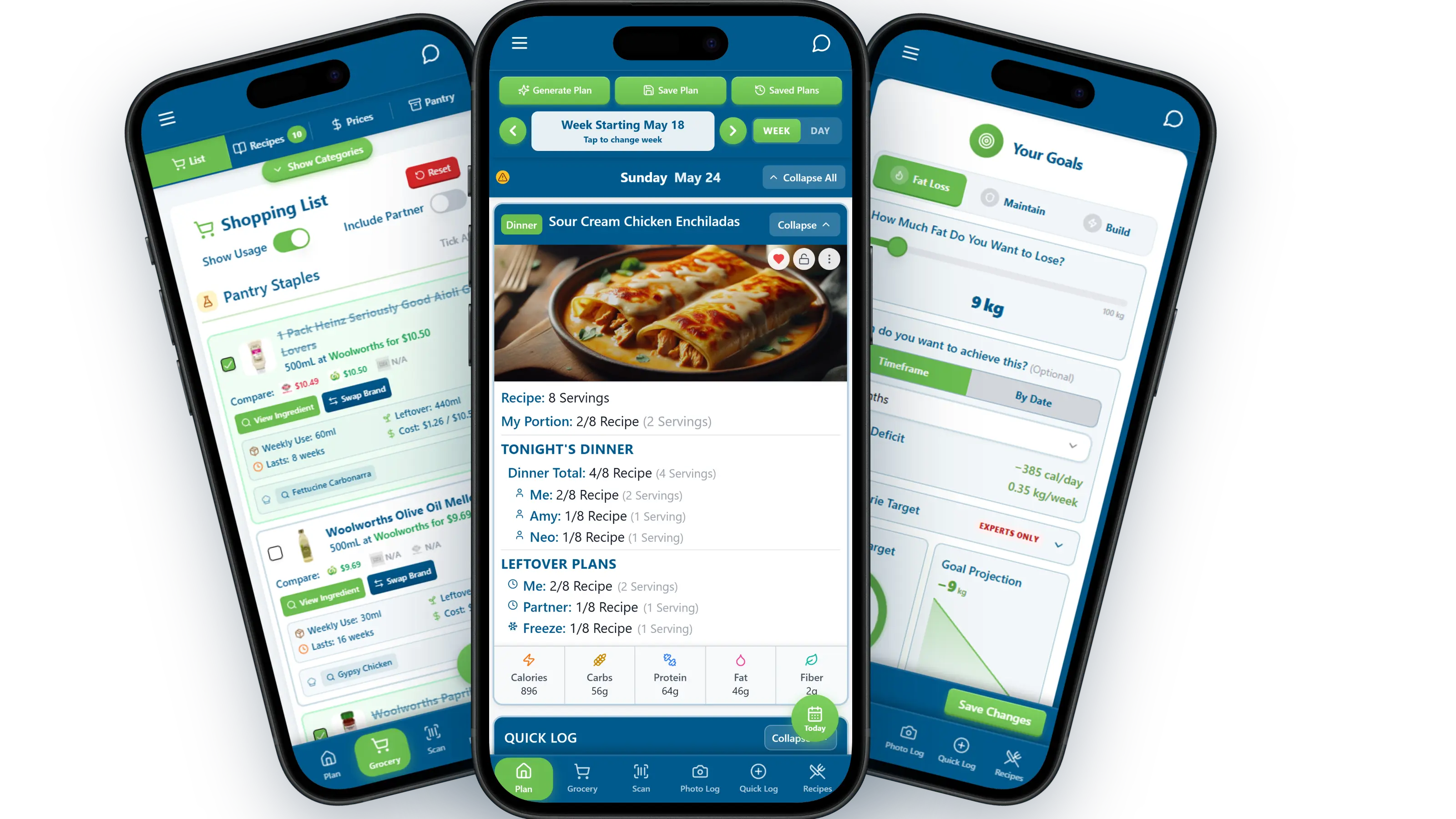 FlexiDiet on three phones: grocery list with prices, weekly meal plan, and goal setup