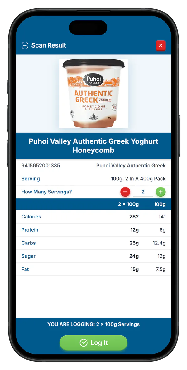 Barcode scan result for Puhoi Valley Greek yoghurt with calories and macros