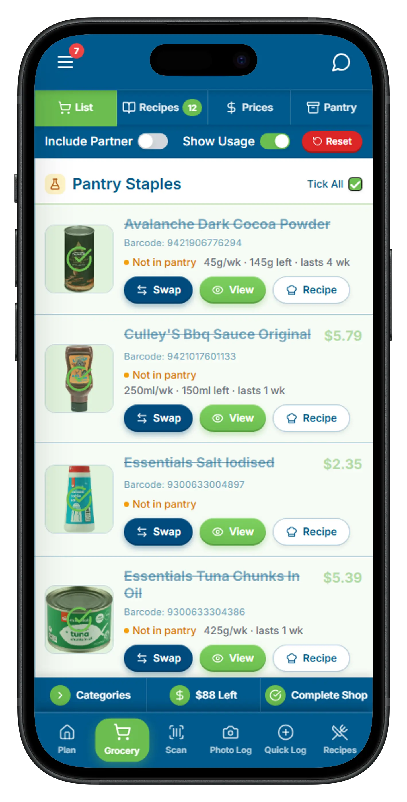Auto-generated grocery list screen with prices