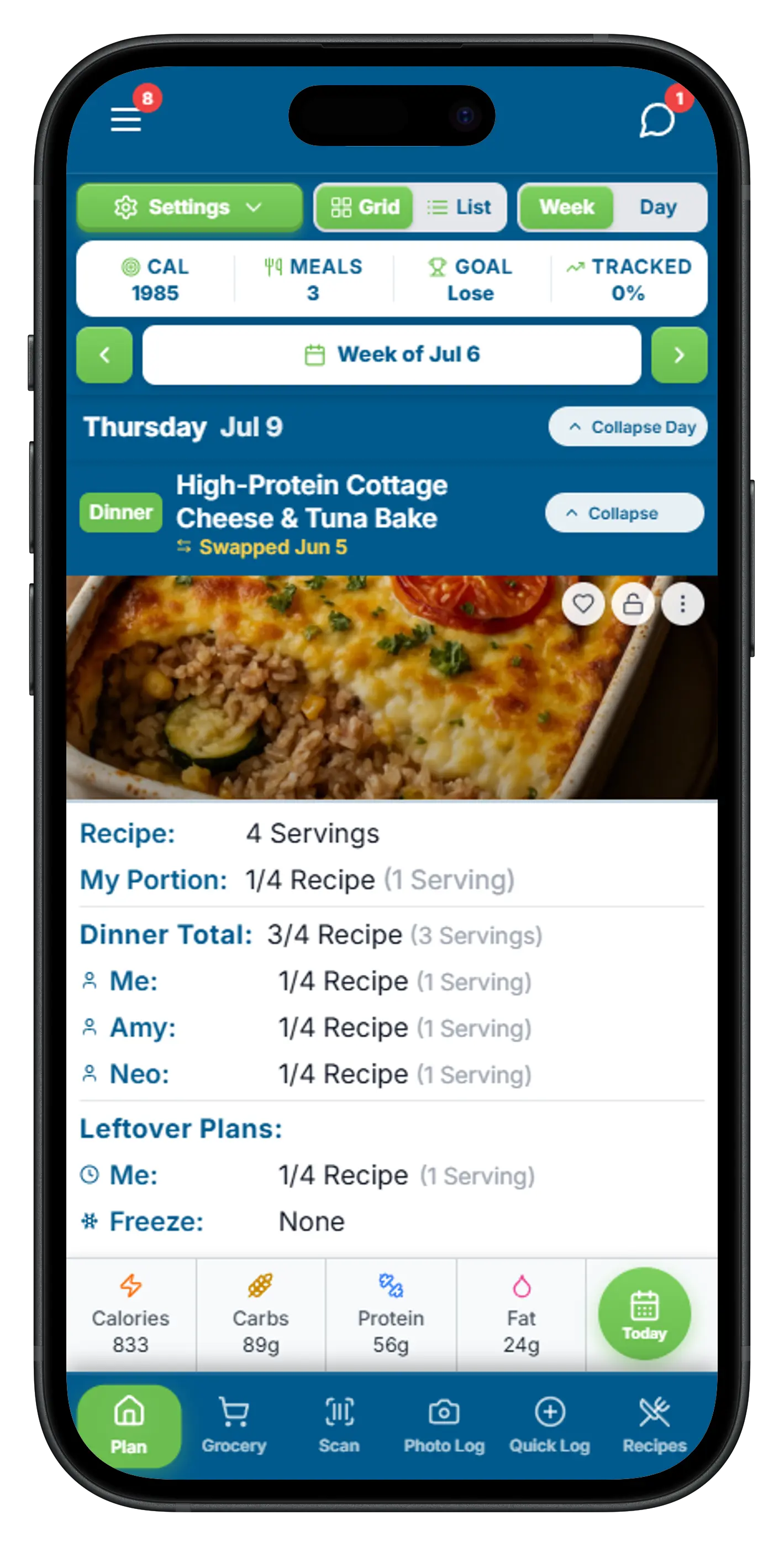 FlexiDiet meal plan screen for the week