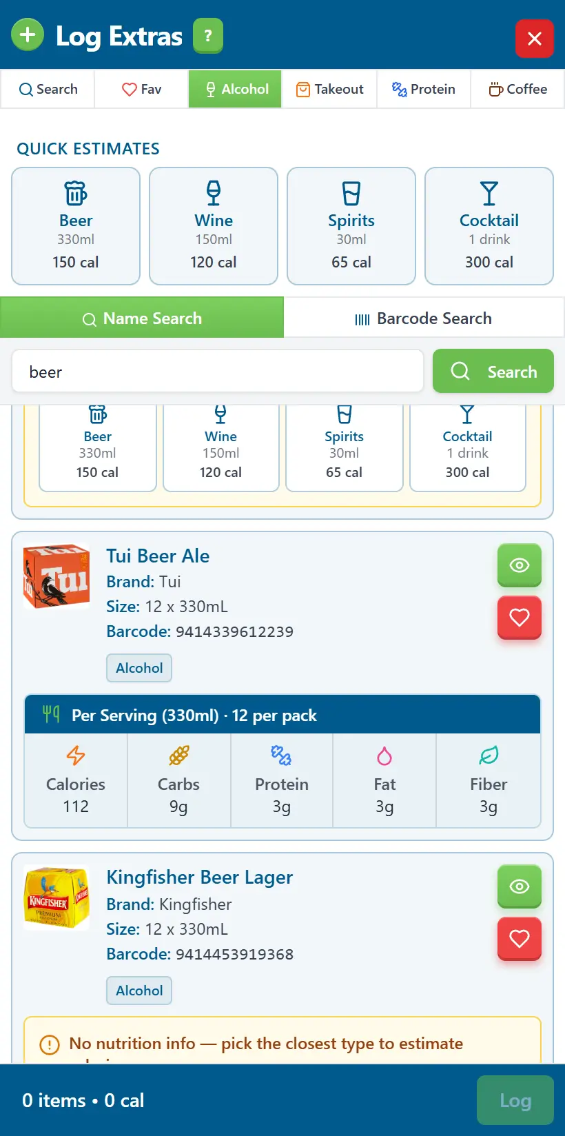 FlexiDiet alcohol quick-log with saved favourites