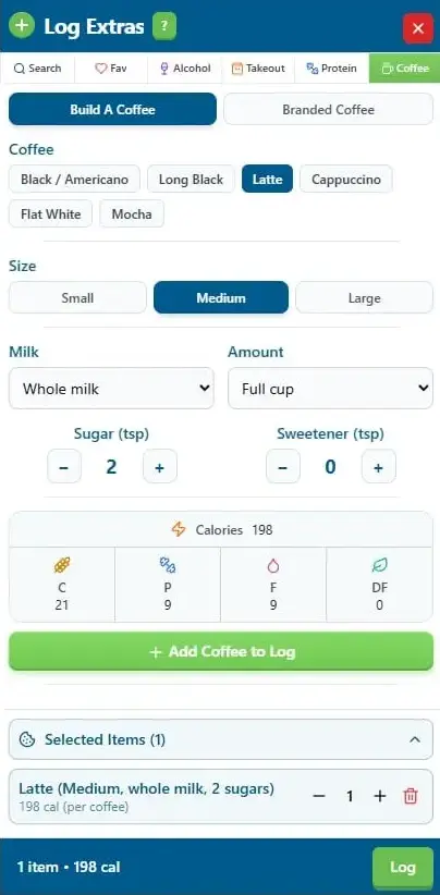 FlexiDiet coffee builder with real supplier data