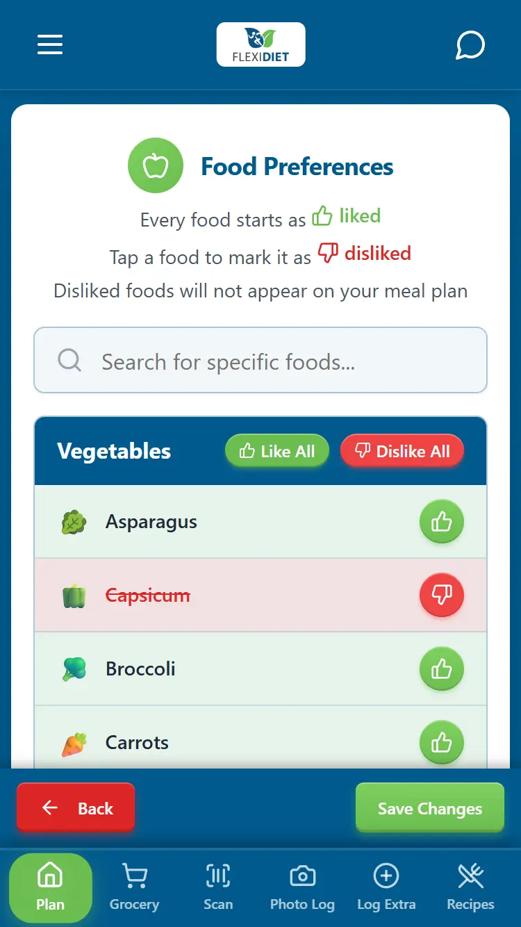 FlexiDiet setup wizard food preferences screen
