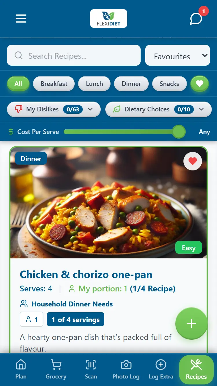 FlexiDiet recipes view with favourited meals highlighted