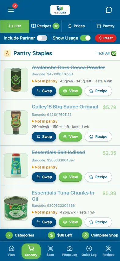 FlexiDiet grocery list grouped by category with prices