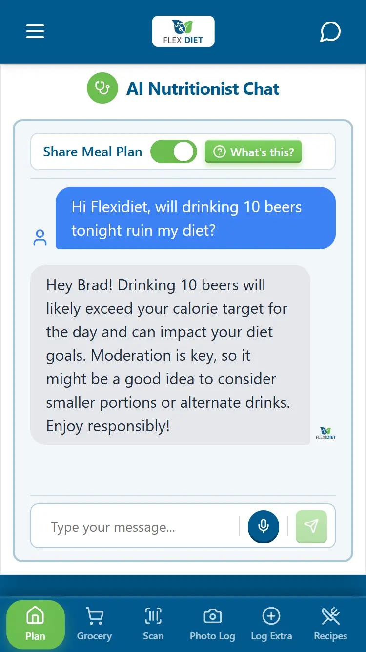 FlexiDiet AI nutritionist chat with personalised feedback
