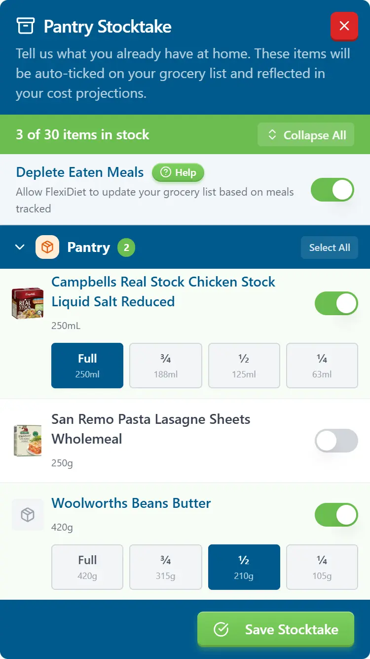 FlexiDiet pantry stock level tracker