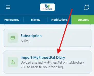FlexiDiet import screen with the PDF file picker and "N days detected" confirmation