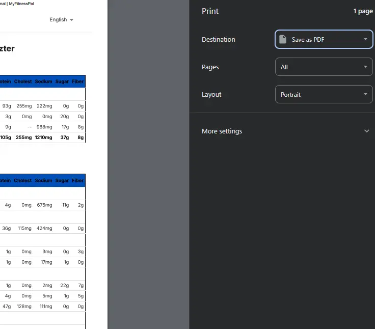 MyFitnessPal printable diary screen with the Print → Save as PDF option highlighted